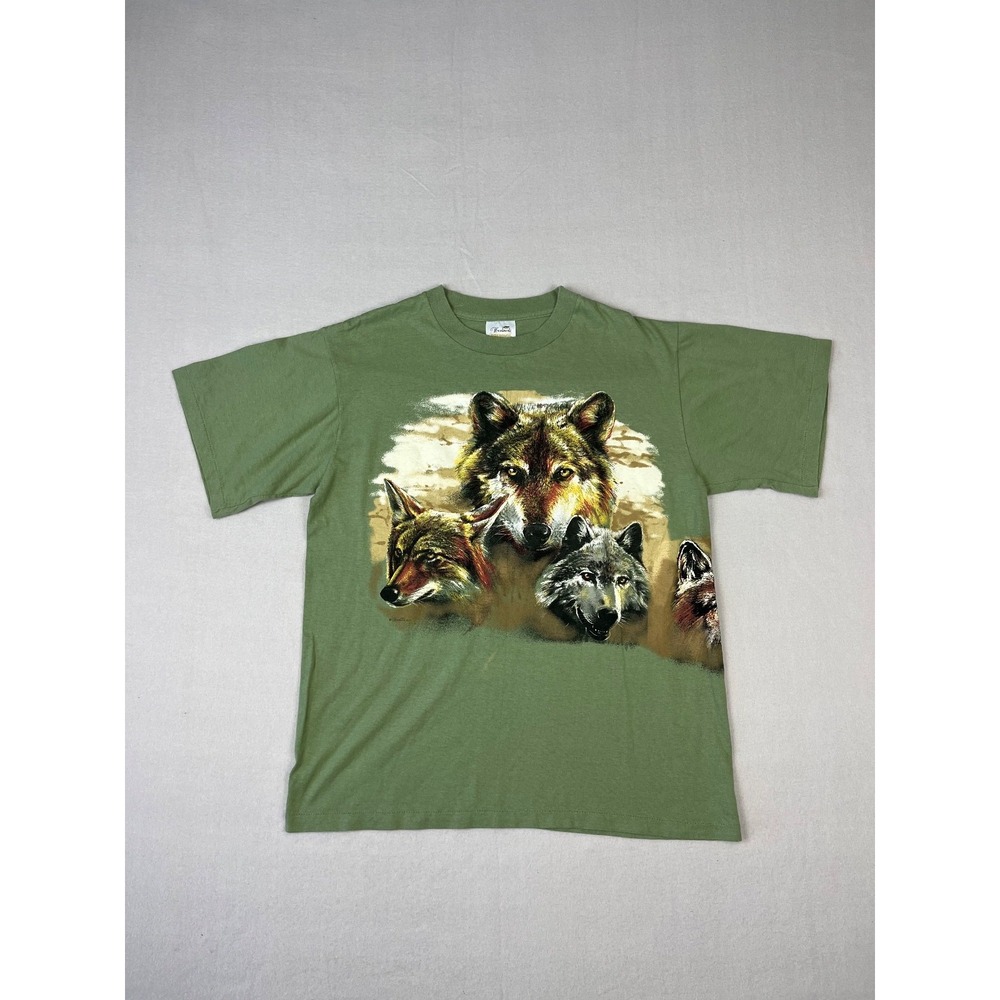 Mountain Wolves Shirt Mens L Green Single Stitch Double Sided Made USA‎ 90s